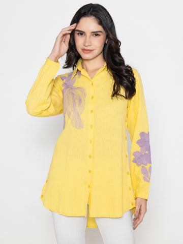 SOLID COLOR FRONT & SLEEVES EMBROIDERED BUTTON-UP YELLOW SHIRT.