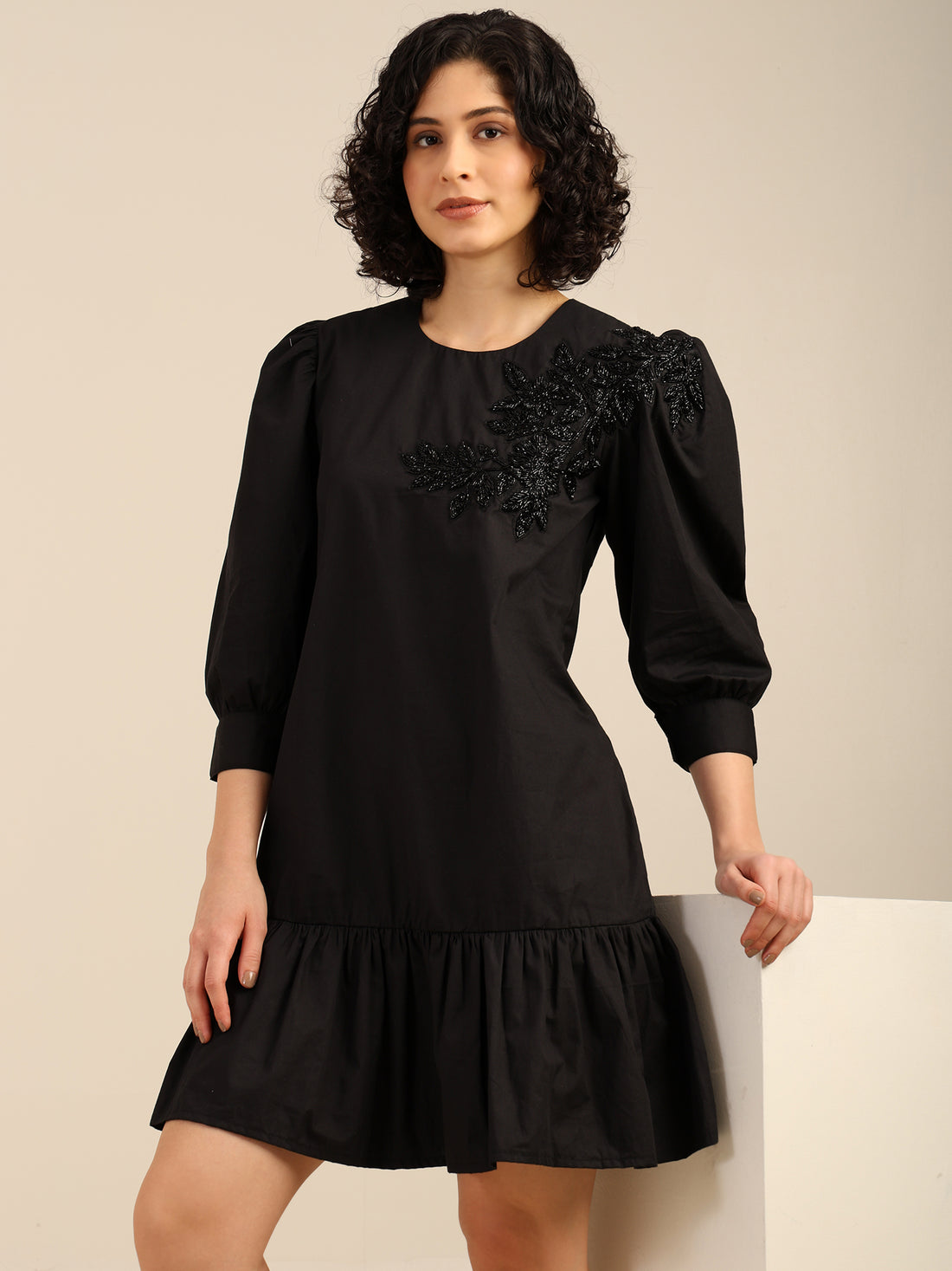 Solid Color Front Hand Embroidered Bling Ruffle Shirt Dress