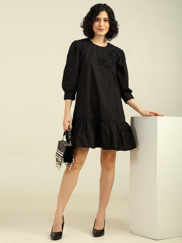 Solid Color Front Hand Embroidered Bling Ruffle Shirt Dress
