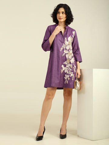 Solid Color Front Embroidered Bling Shirt Dress