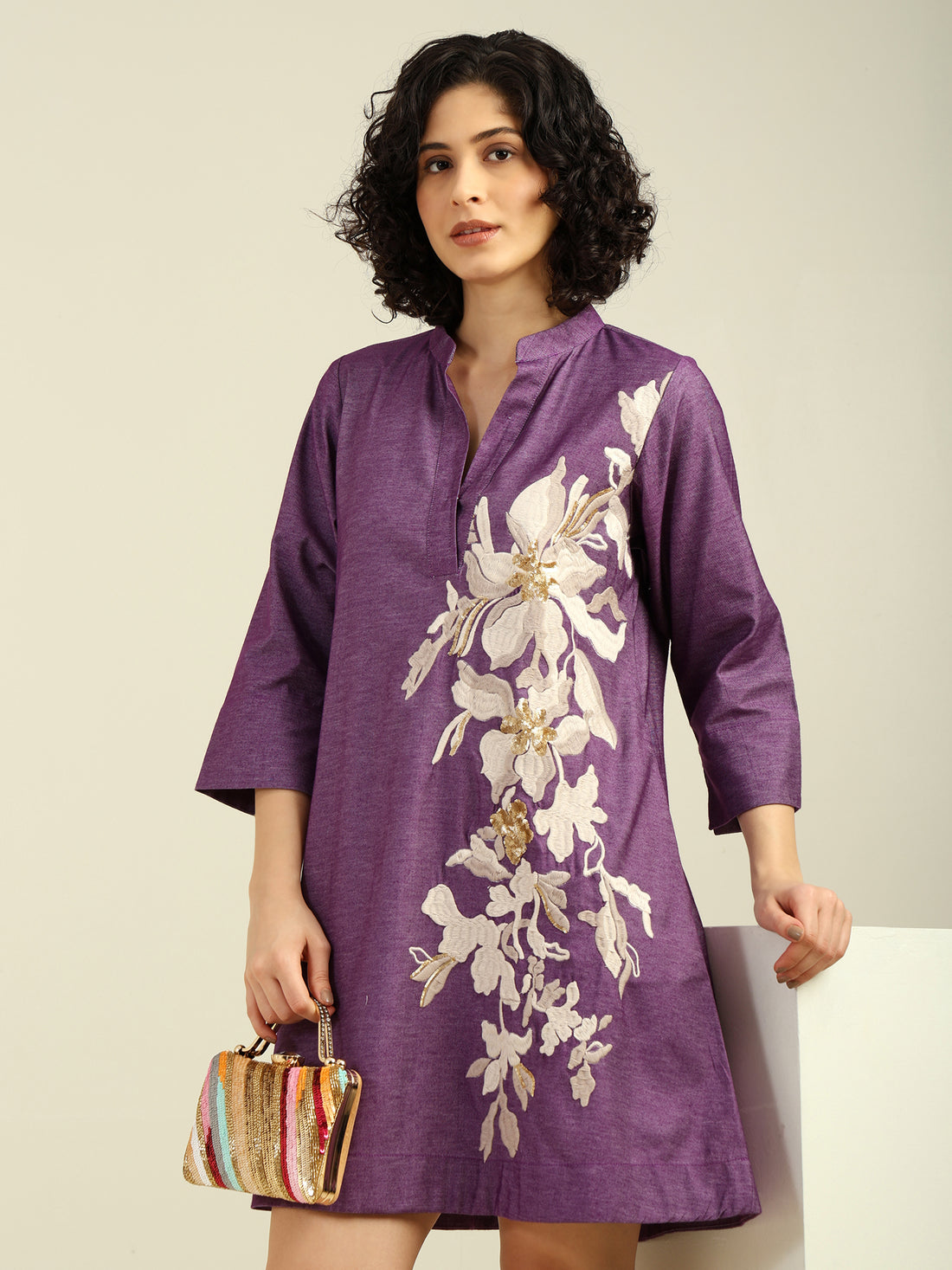Solid Color Front Embroidered Bling Shirt Dress