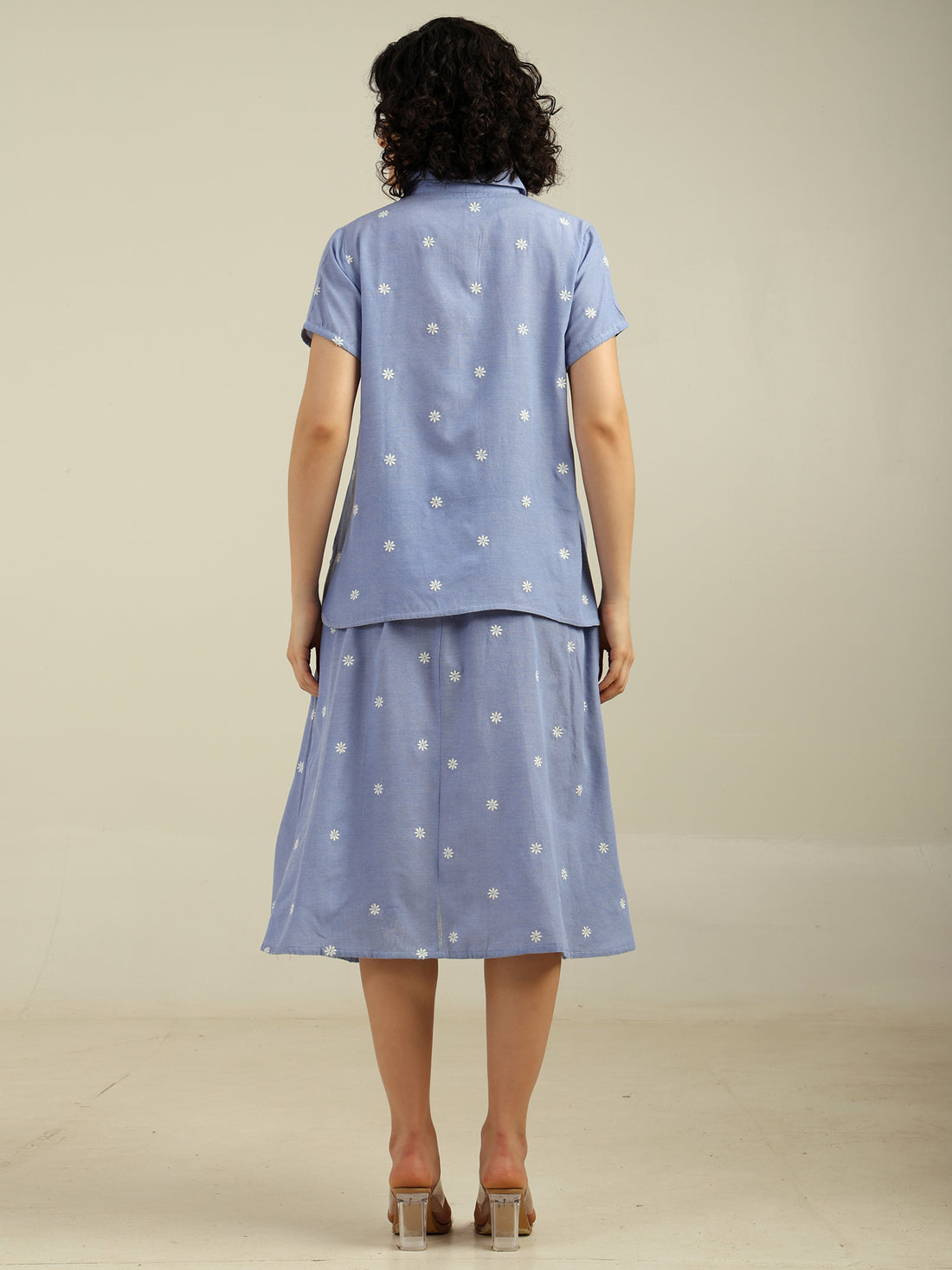 Floral Embroidered Chambray Cotton Shirt & Skirt Set