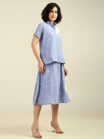 Floral Embroidered Chambray Cotton Shirt & Skirt Set