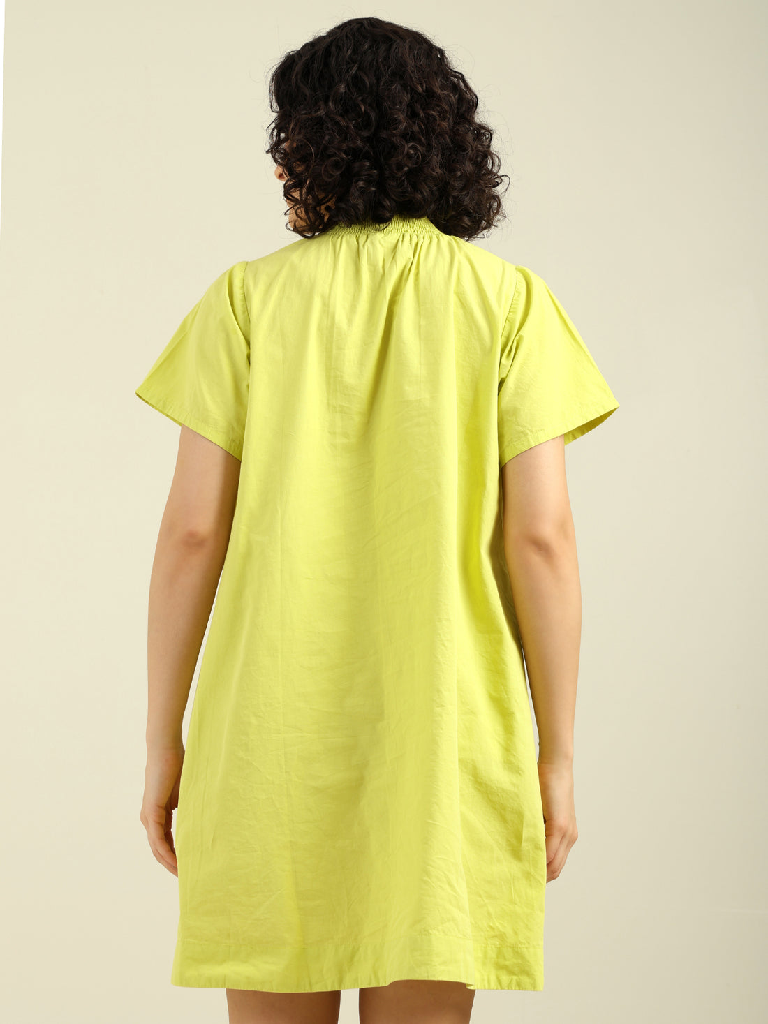 Solid Color Front Embroidered Bling Shirt Dress With Gathered Neck