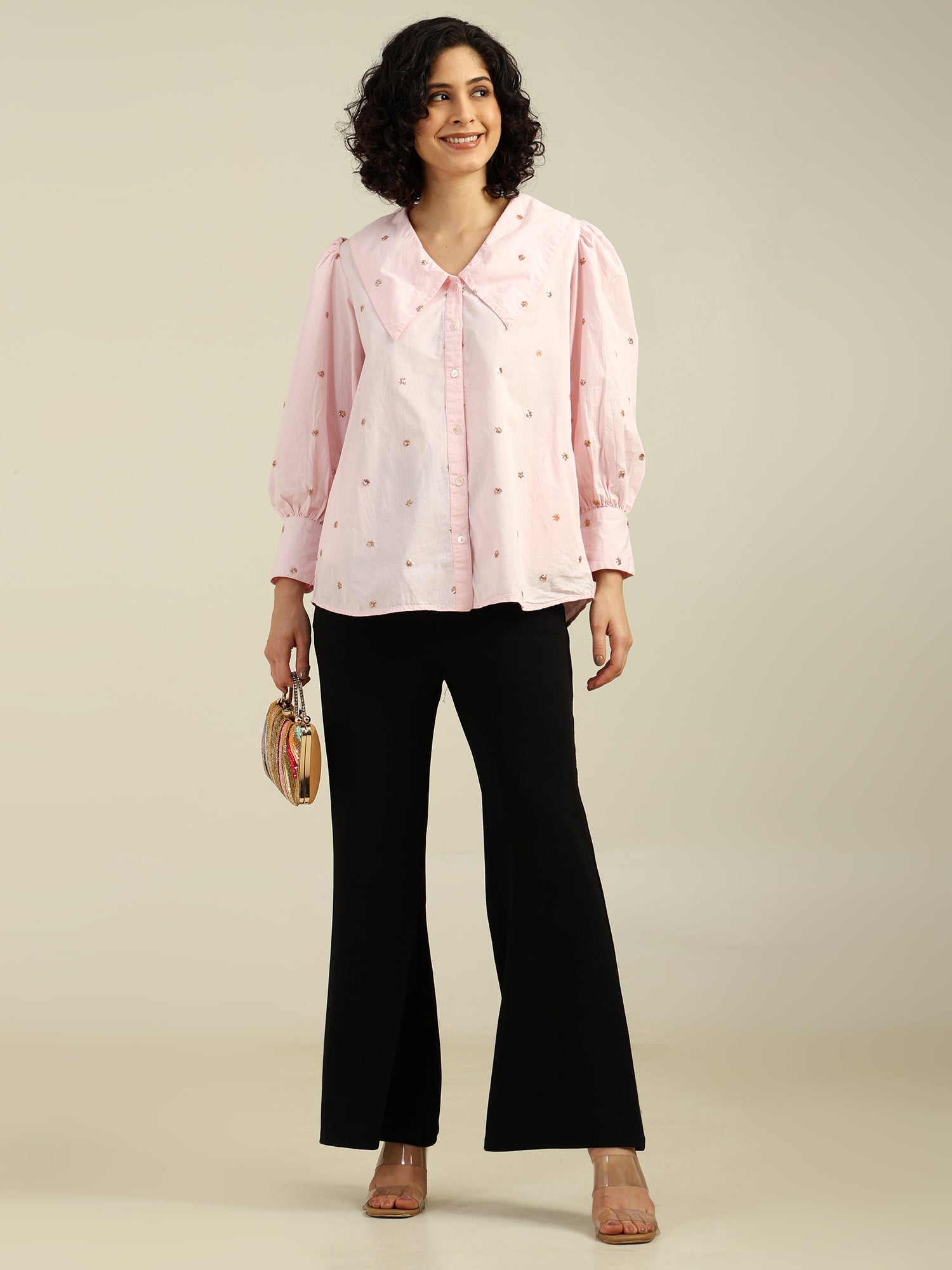 Rosy Pink Allover Floral Sequenece Embroidered Cotton Shirt
