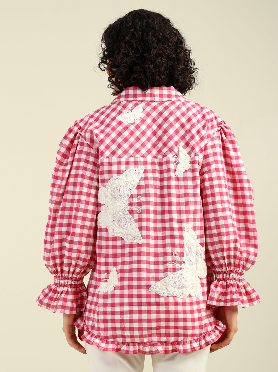 Pink & White Checkered Butterfly Embroidered Cotton Shirt with Puff Long Sleeves