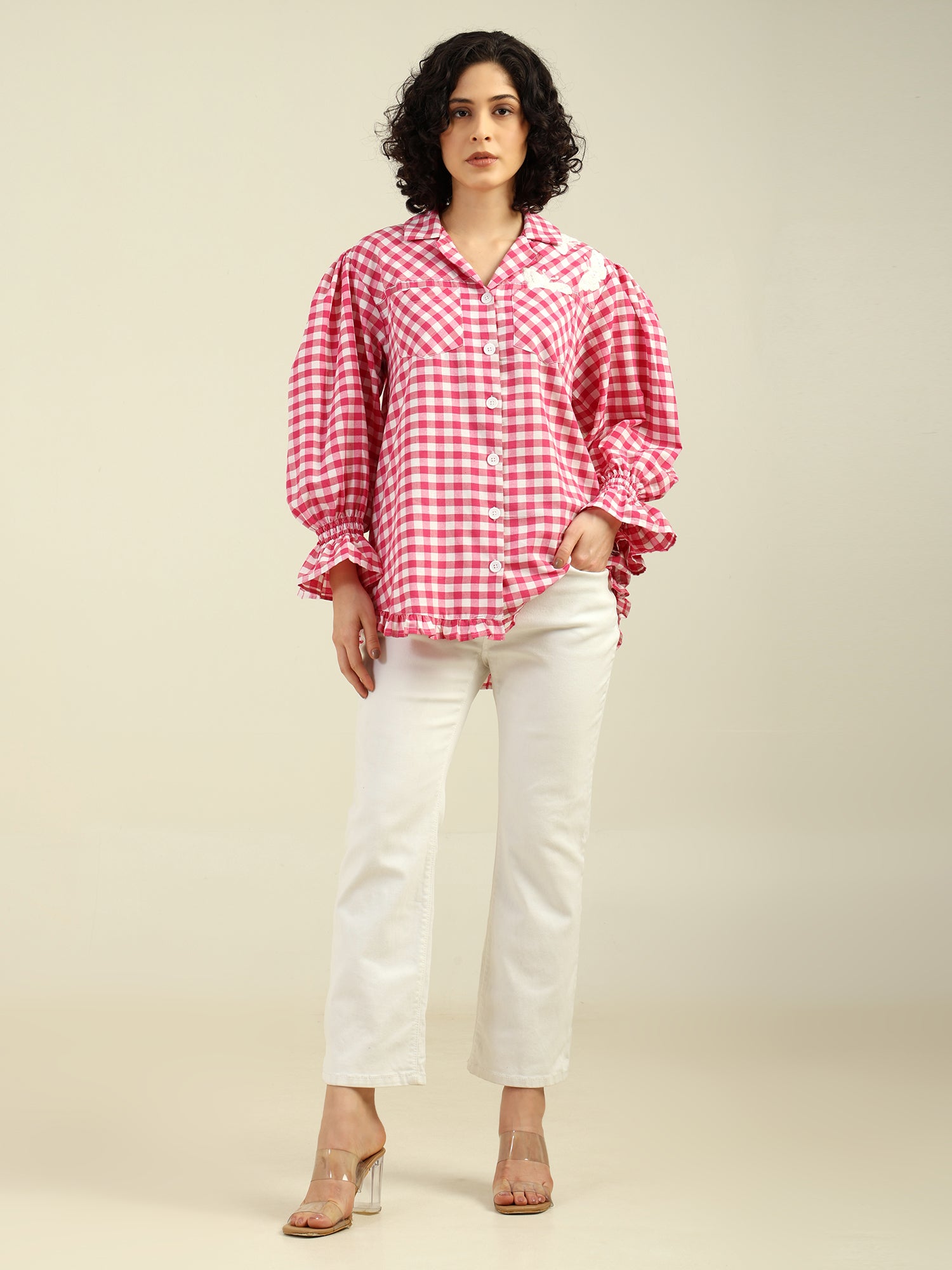 Pink & White Checkered Butterfly Embroidered Cotton Shirt with Puff Long Sleeves