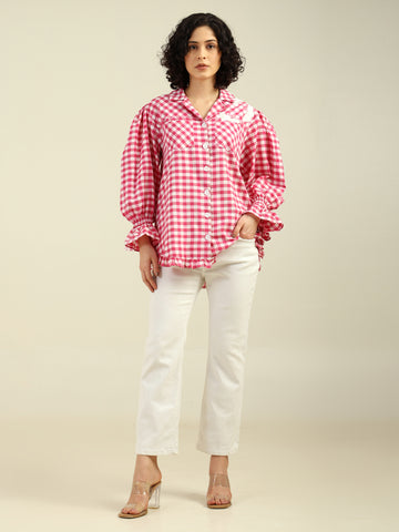 Pink & White Checkered Butterfly Embroidered Cotton Shirt with Puff Long Sleeves