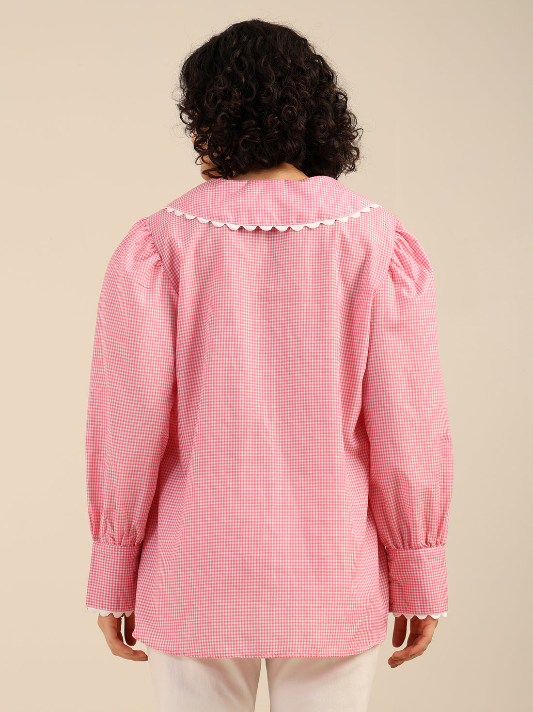 Red & White  Gingham Check Front Ribbon Floral Detailing Vintage Cotton Shirt