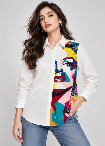 White Pop Art Graphic Print Shirt for Women – Multicolor Portrait Long Sleeve Button-Down Shirt