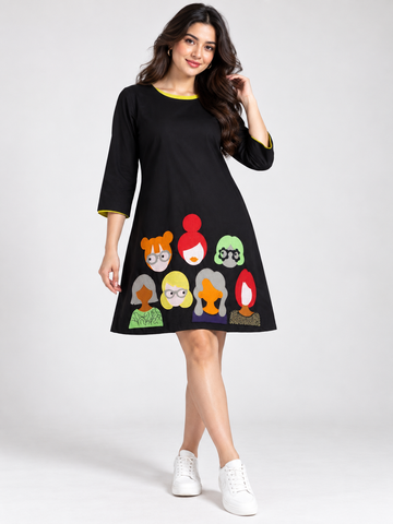 Black Graphic A-Line Dress for Women – Multicolor Girls Appliqué 3/4 Sleeve Casual Dress