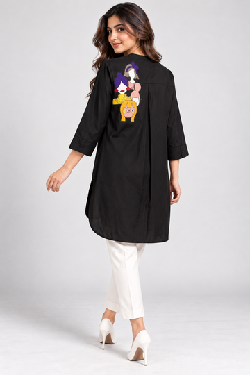 Black Longline Tunic Shirt for Women – Multicolor Girls Appliqué 3/4 Sleeve Relaxed Top