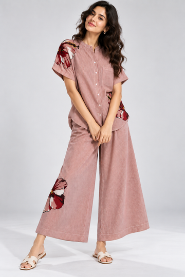Dusty Rose Striped Floral Co-Ord Set for Women – Short Sleeve Button-Down Top with Wide-Leg Trousers