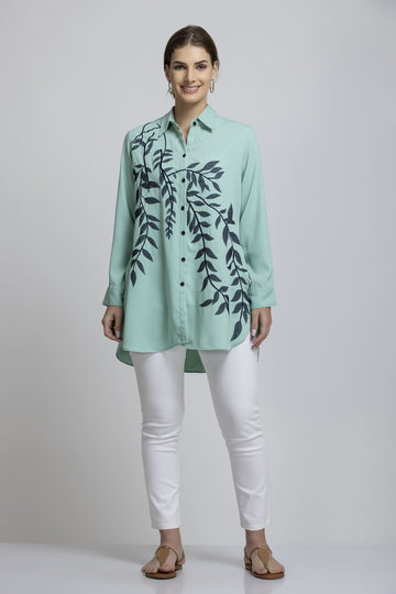 Mint Green Embroidered Longline Tunic Shirt with High-Low Hem BUTTON-UP SHIRT.  ( holi ) (Copy)