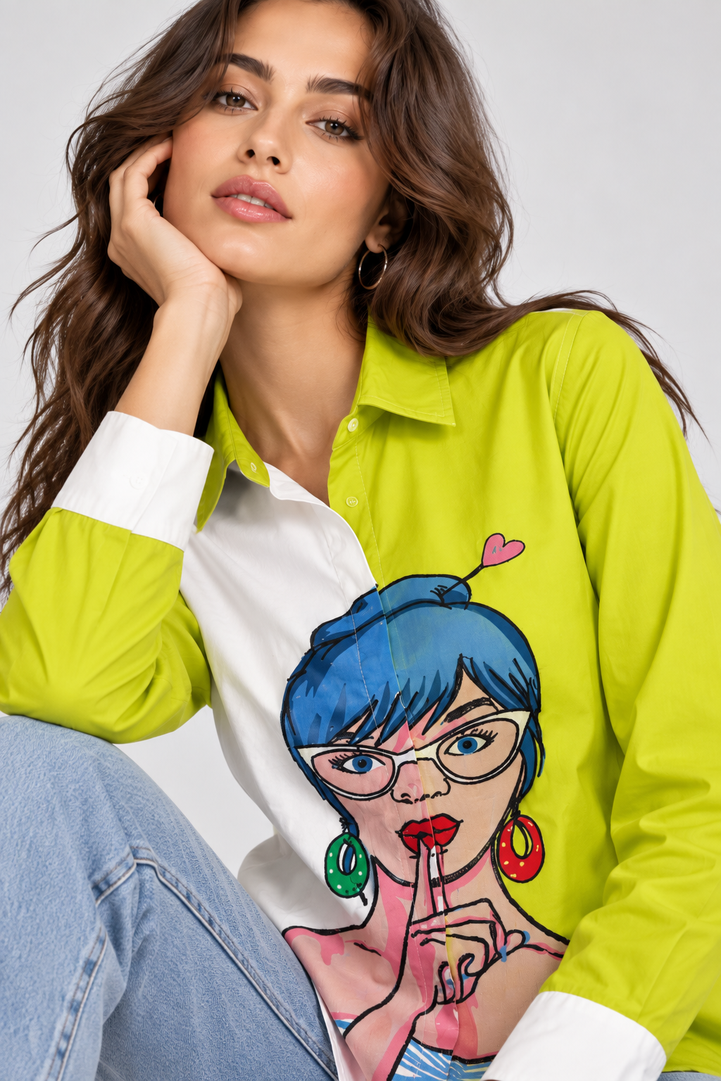 ki Lime Green & White Colorblock Graphic Print Shirt for Women – Pop Art Long Sleeve Button-Down Shirt