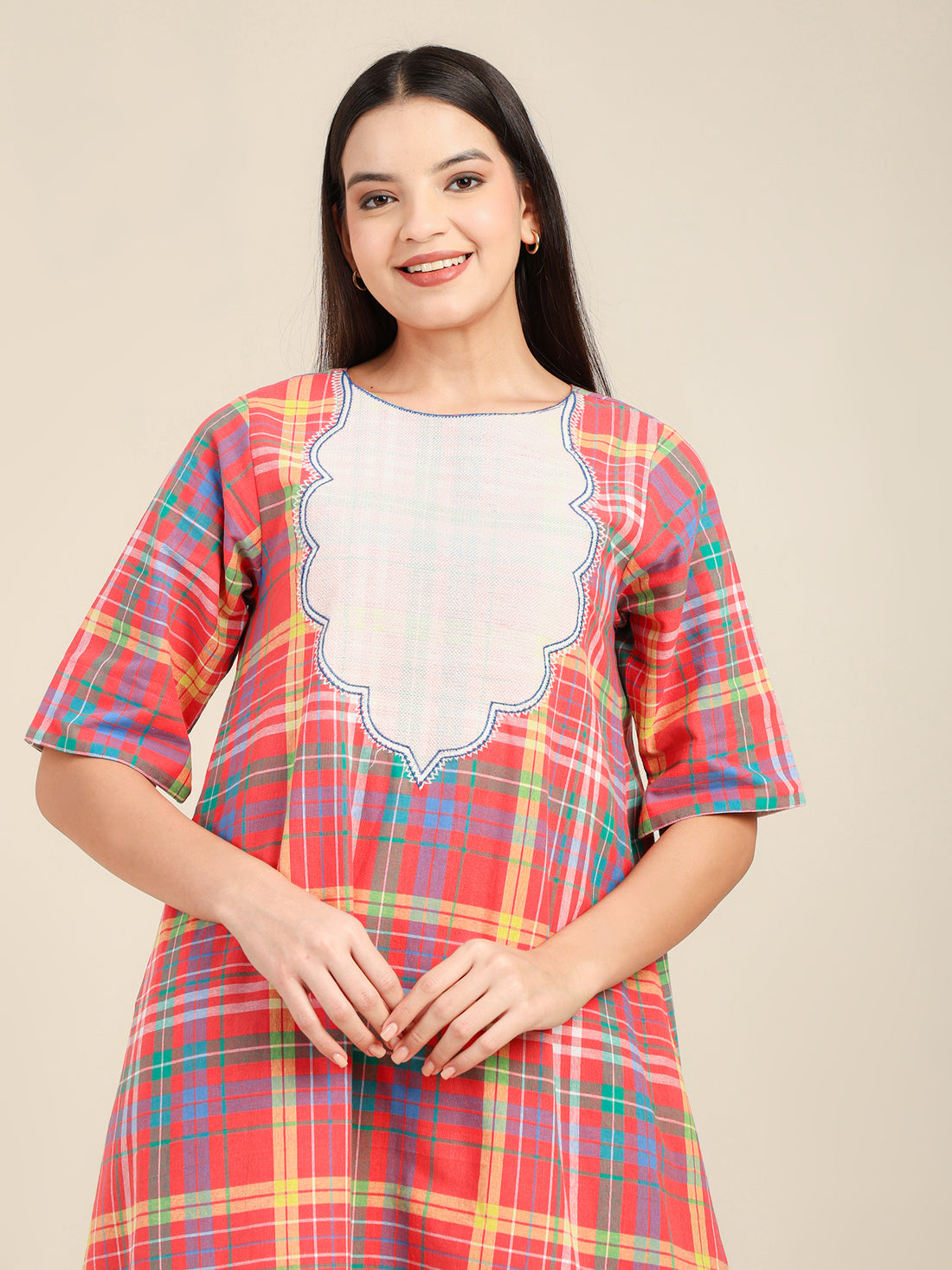 Checkered Cotton Co-ord Set With Front Embroidered Neckline