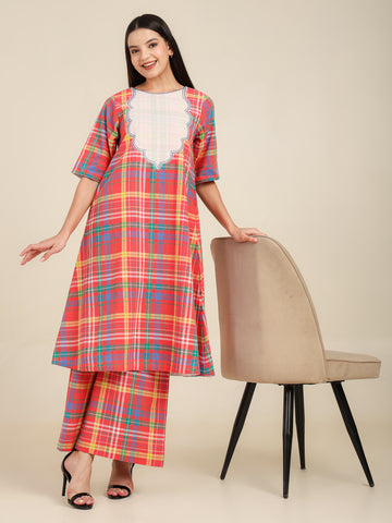 Checkered Cotton Co-ord Set With Front Embroidered Neckline