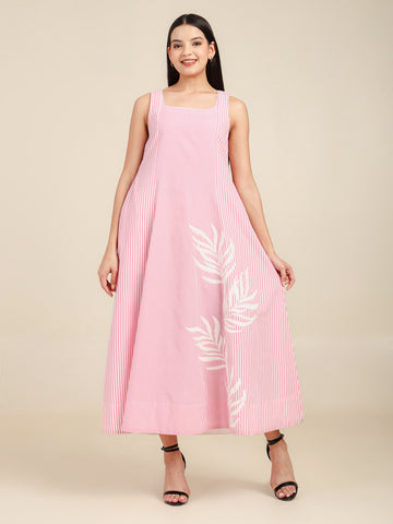 Rosy Stripes Sequence Embrodiered Cotton Sleeveless Dress