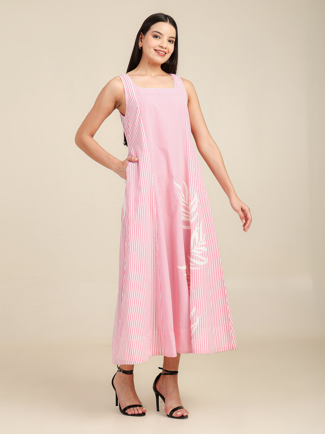 Rosy Stripes Sequence Embrodiered Cotton Sleeveless Dress