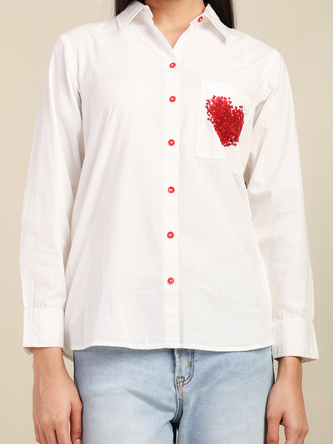 White Floral Heart Emboidered Cotton Shirt with Side Contrast Button Detailing