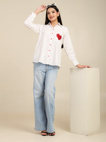 White Floral Heart Emboidered Cotton Shirt with Side Contrast Button Detailing