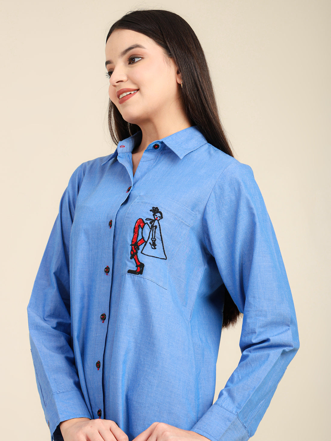 Blue Chambray Love Embroidered Cotton Shirt with Dancing Lady Pocket