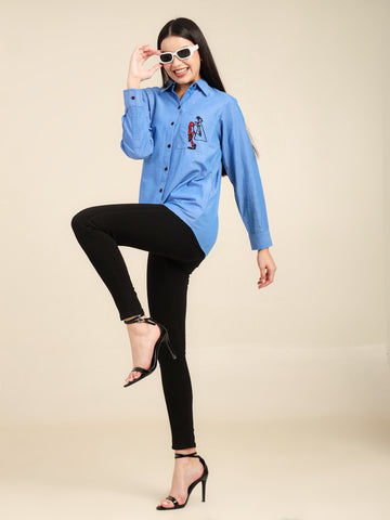Blue Chambray Love Embroidered Cotton Shirt with Dancing Lady Pocket