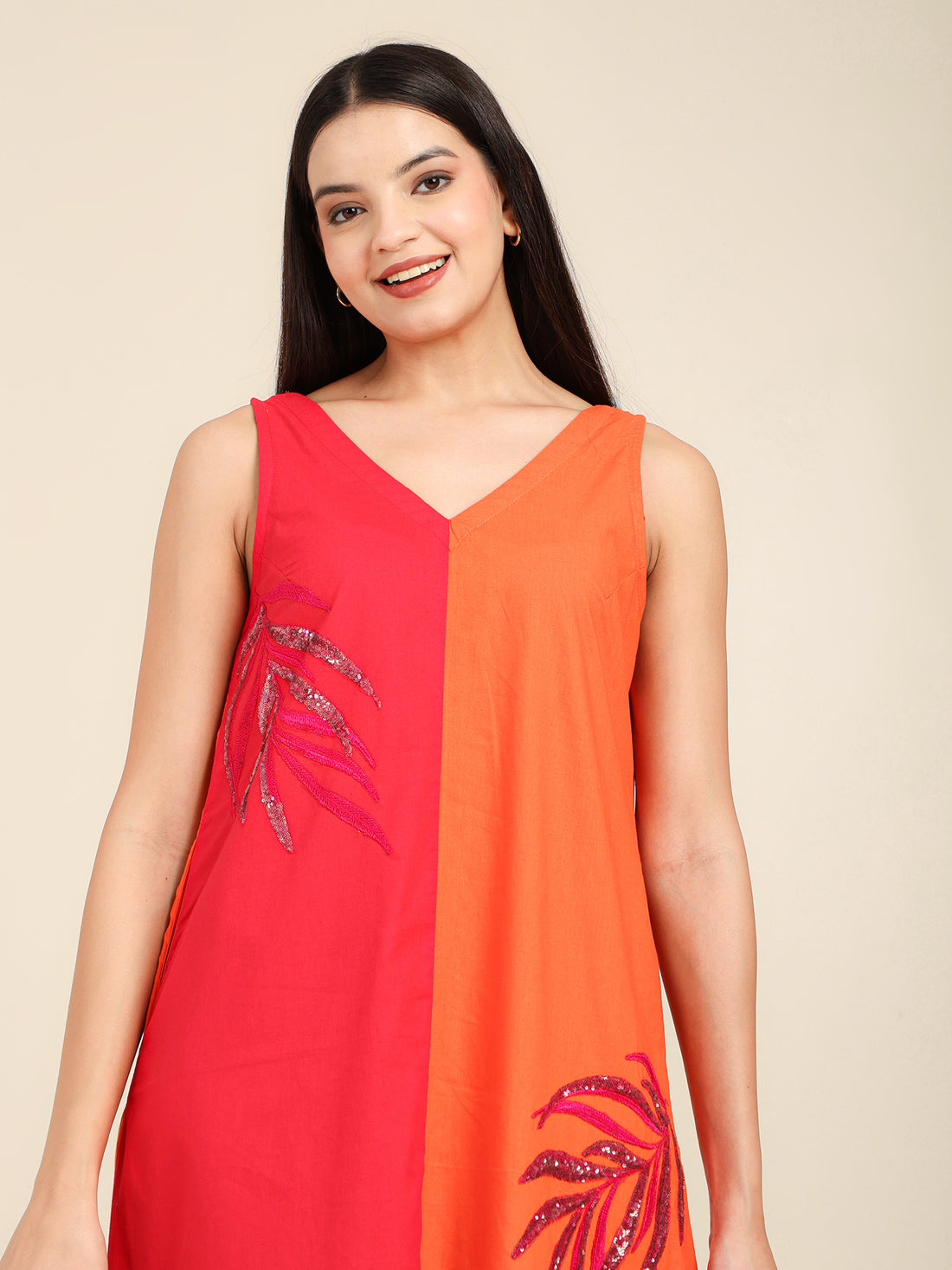 Magenta & Orange Color Block Sequence Embroidered Cotton Sleeveless Dress