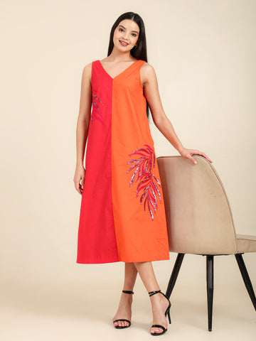 Magenta & Orange Color Block Sequence Embroidered Cotton Sleeveless Dress