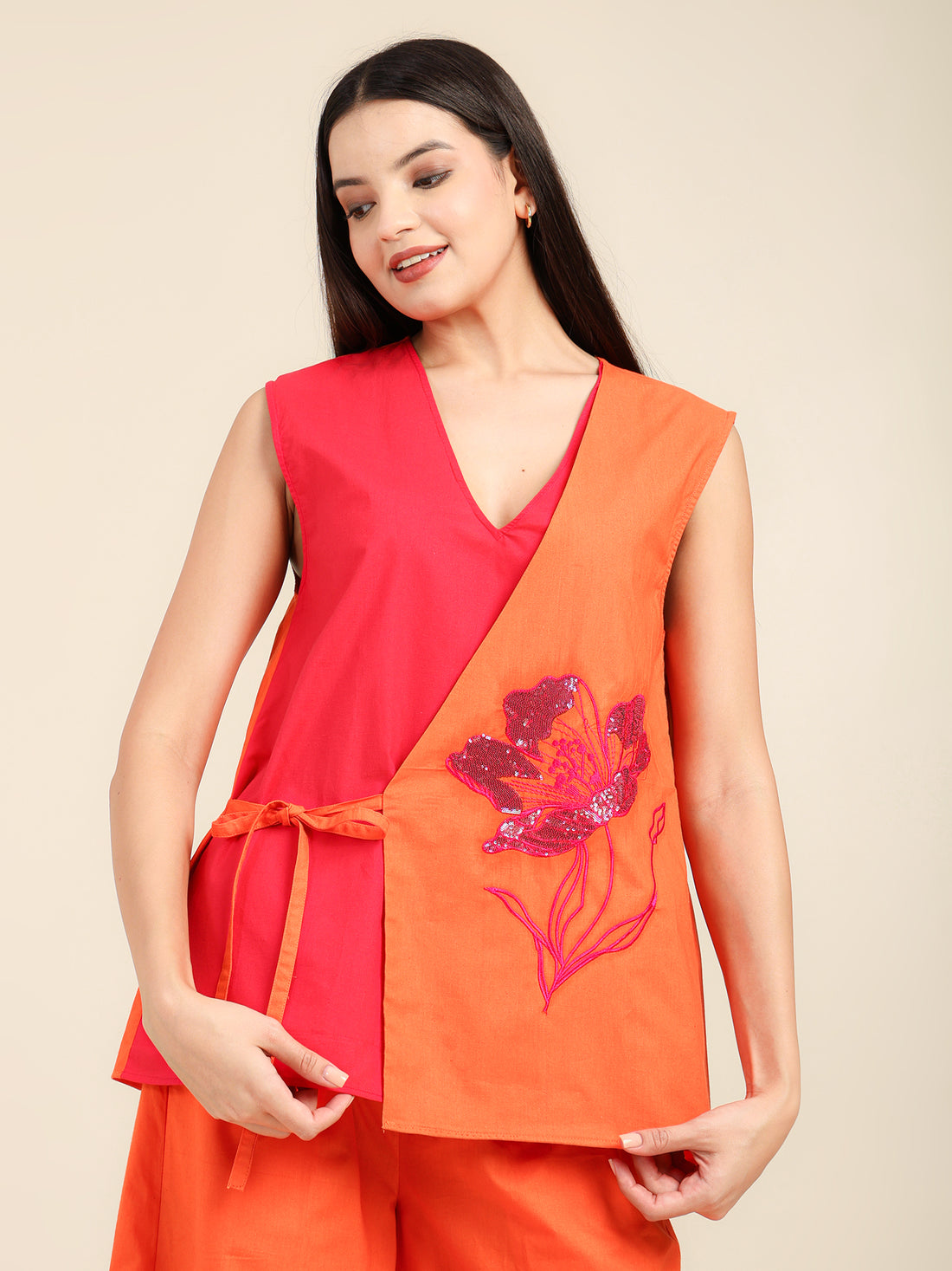 Magenta & Orange Color Block Sequence Embroidered Cotton Sleeveless Coord Set