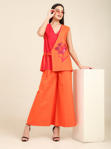 Magenta & Orange Color Block Sequence Embroidered Cotton Sleeveless Coord Set