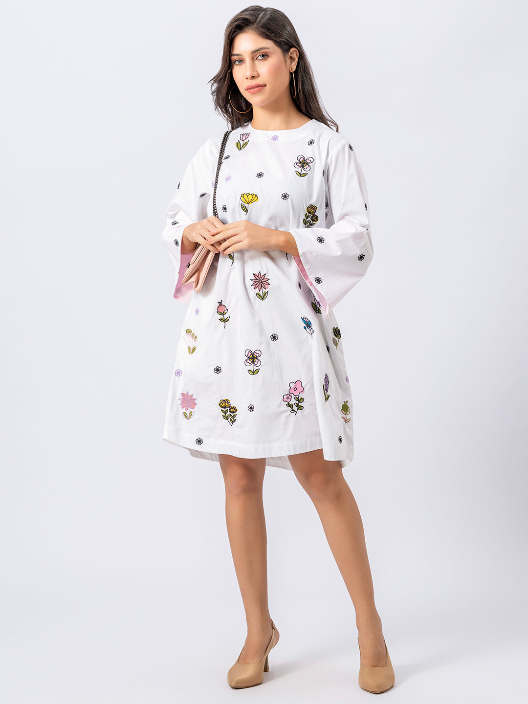 ALL OVER EMBROIDERED FLORAL COTTON SHIRT WITH BELL SLEEVES