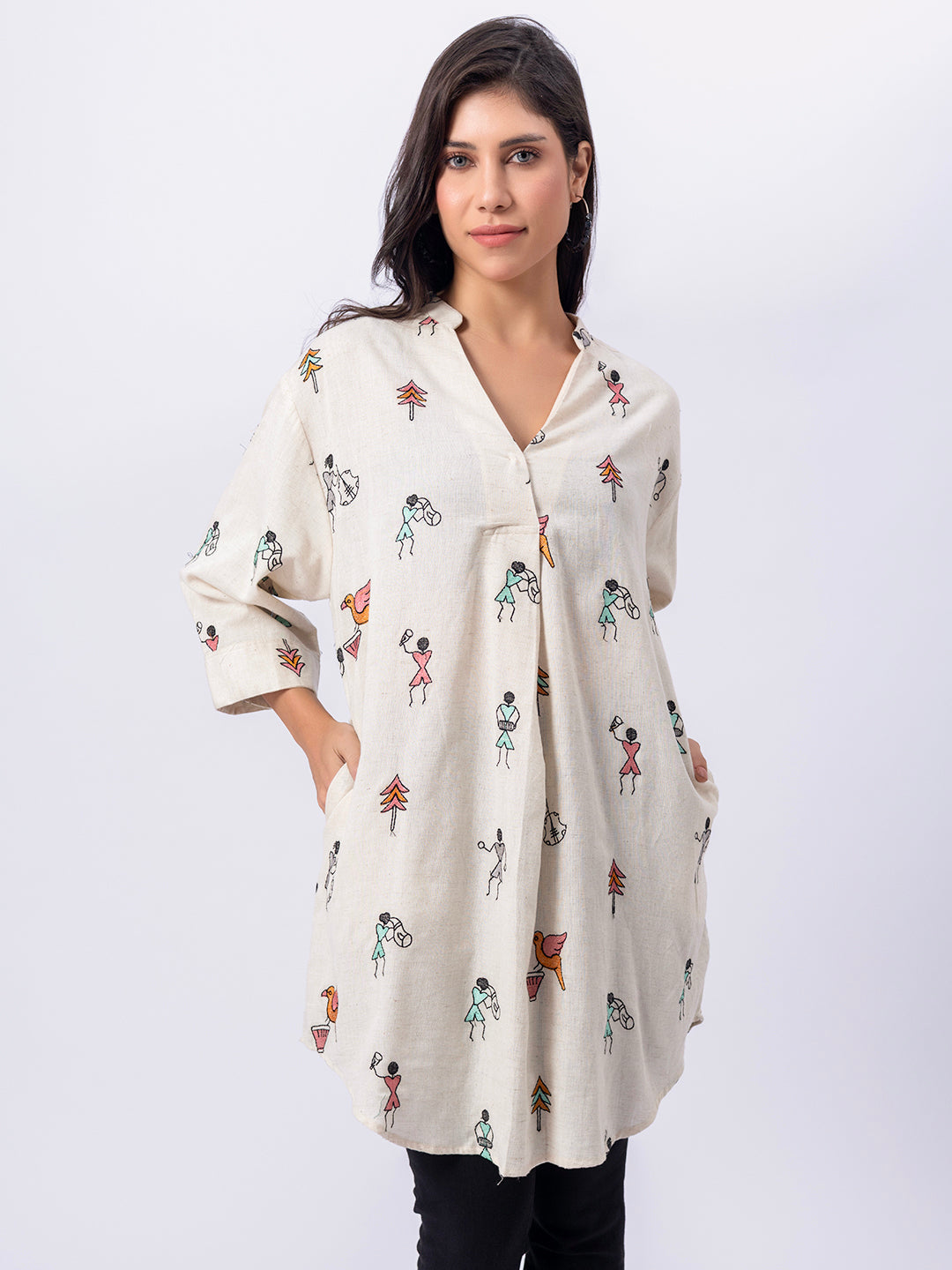 ALL OVER EMBROIDERED TRIBAL FIGURE COTTON SHIRT