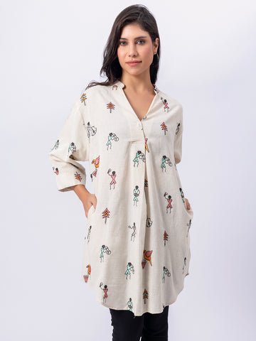 ALL OVER EMBROIDERED TRIBAL FIGURE COTTON SHIRT