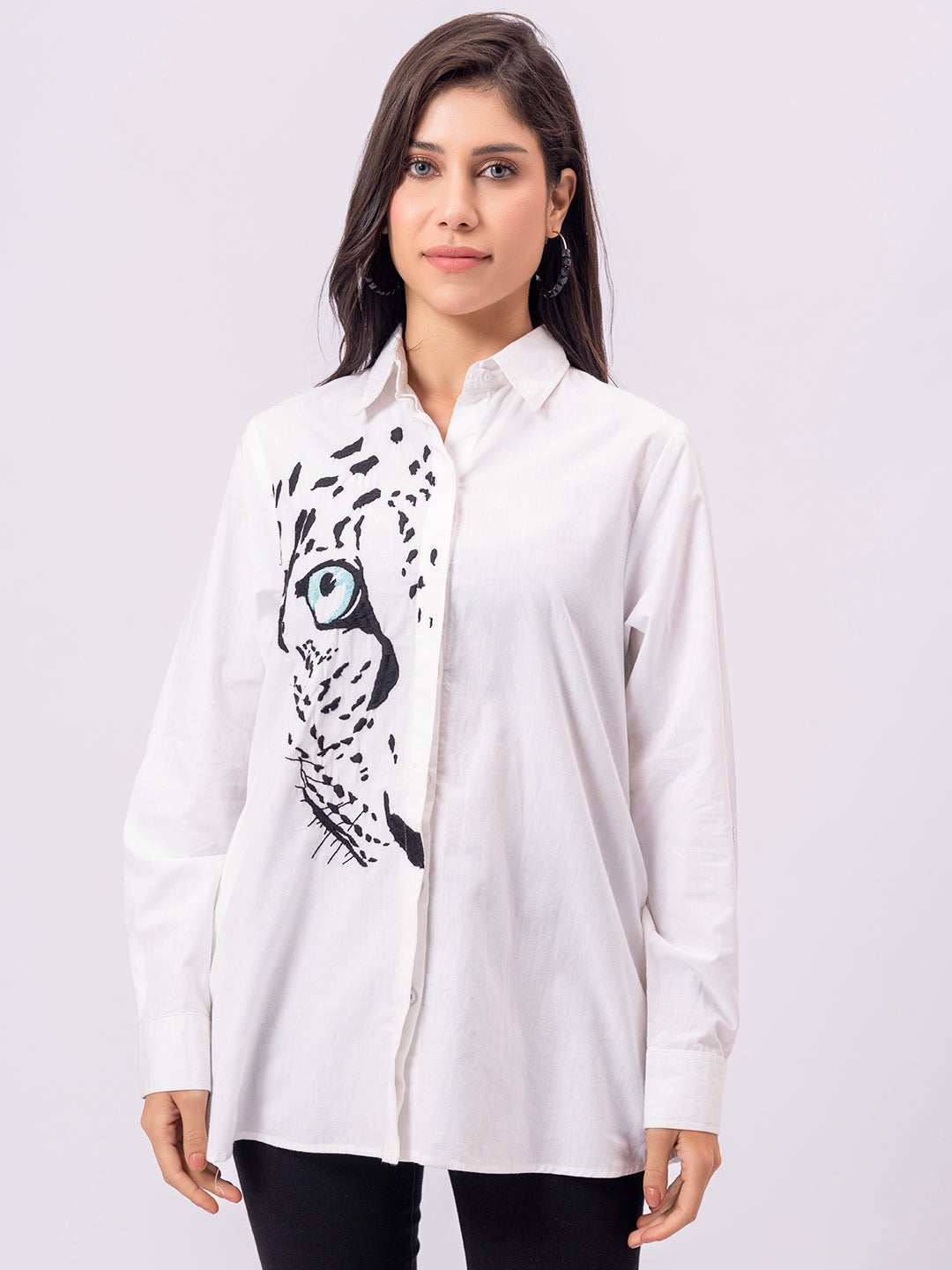 WHITE FRONT EMBROIDERED COTTON SHIRT