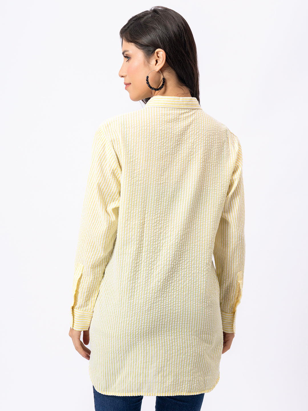 YELLOW STRIPE FRONT EMBROIDERED COTTON SHIRT