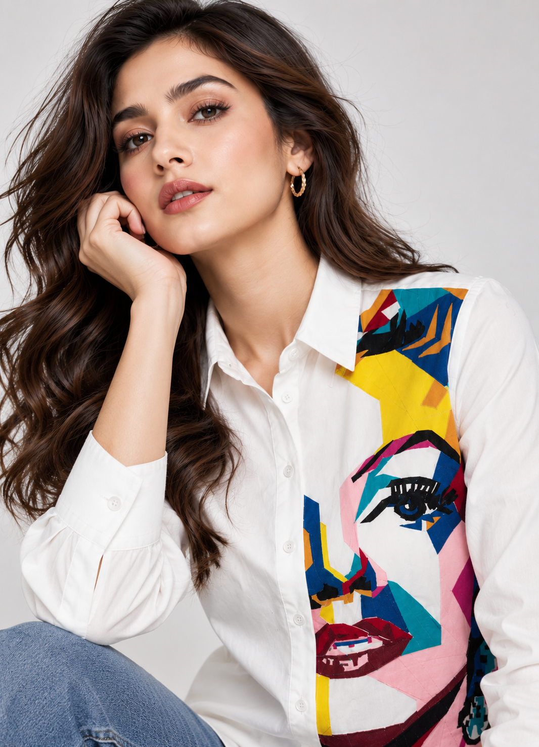 White Pop Art Graphic Print Shirt for Women – Multicolor Portrait Long Sleeve Button-Down Shirt