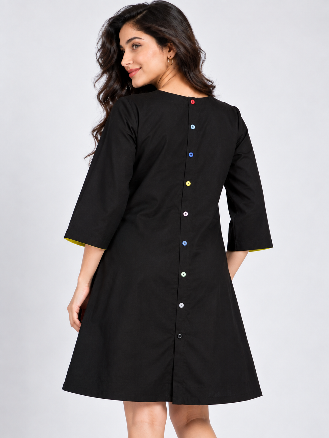 Black Graphic A-Line Dress for Women – Multicolor Girls Appliqué 3/4 Sleeve Casual Dress