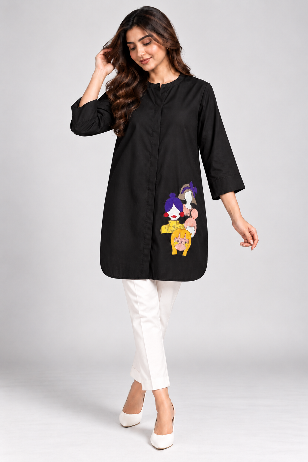 Black Longline Tunic Shirt for Women – Multicolor Girls Appliqué 3/4 Sleeve Relaxed Top