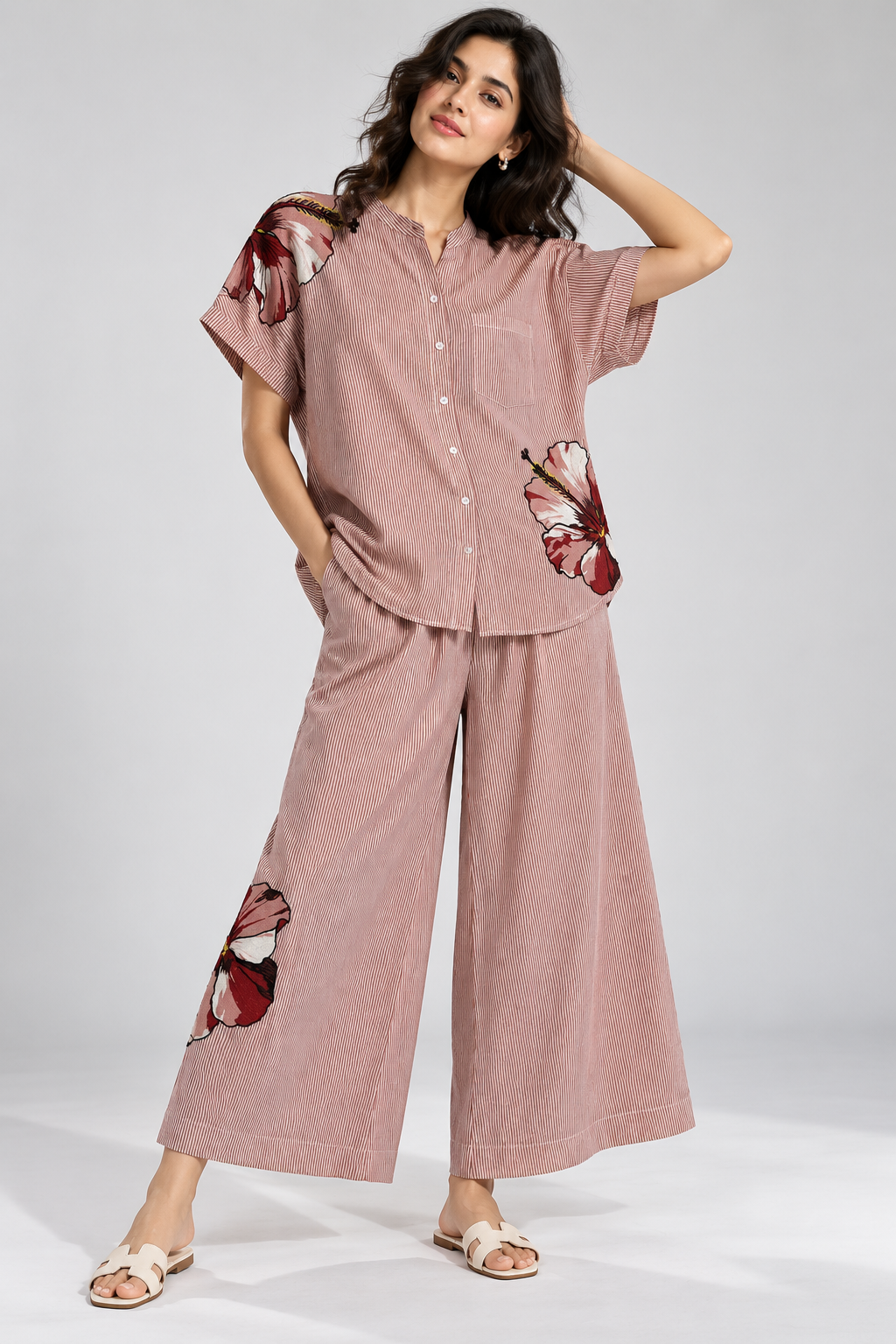 Dusty Rose Striped Floral Co-Ord Set for Women – Short Sleeve Button-Down Top with Wide-Leg Trousers