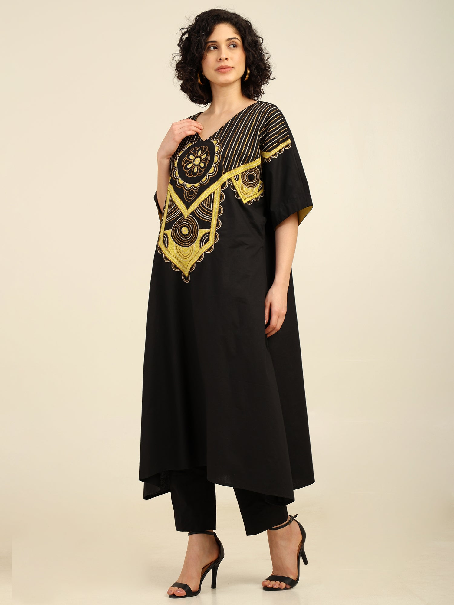 Black Cotton Heavy Neckline Embroidered Coord Set