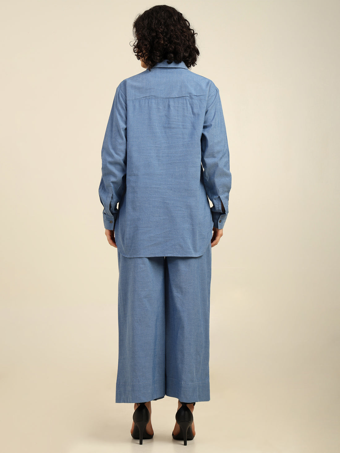 Sequnece Embroidered Chambray Cotton Coord Set With Wide Leg Pants