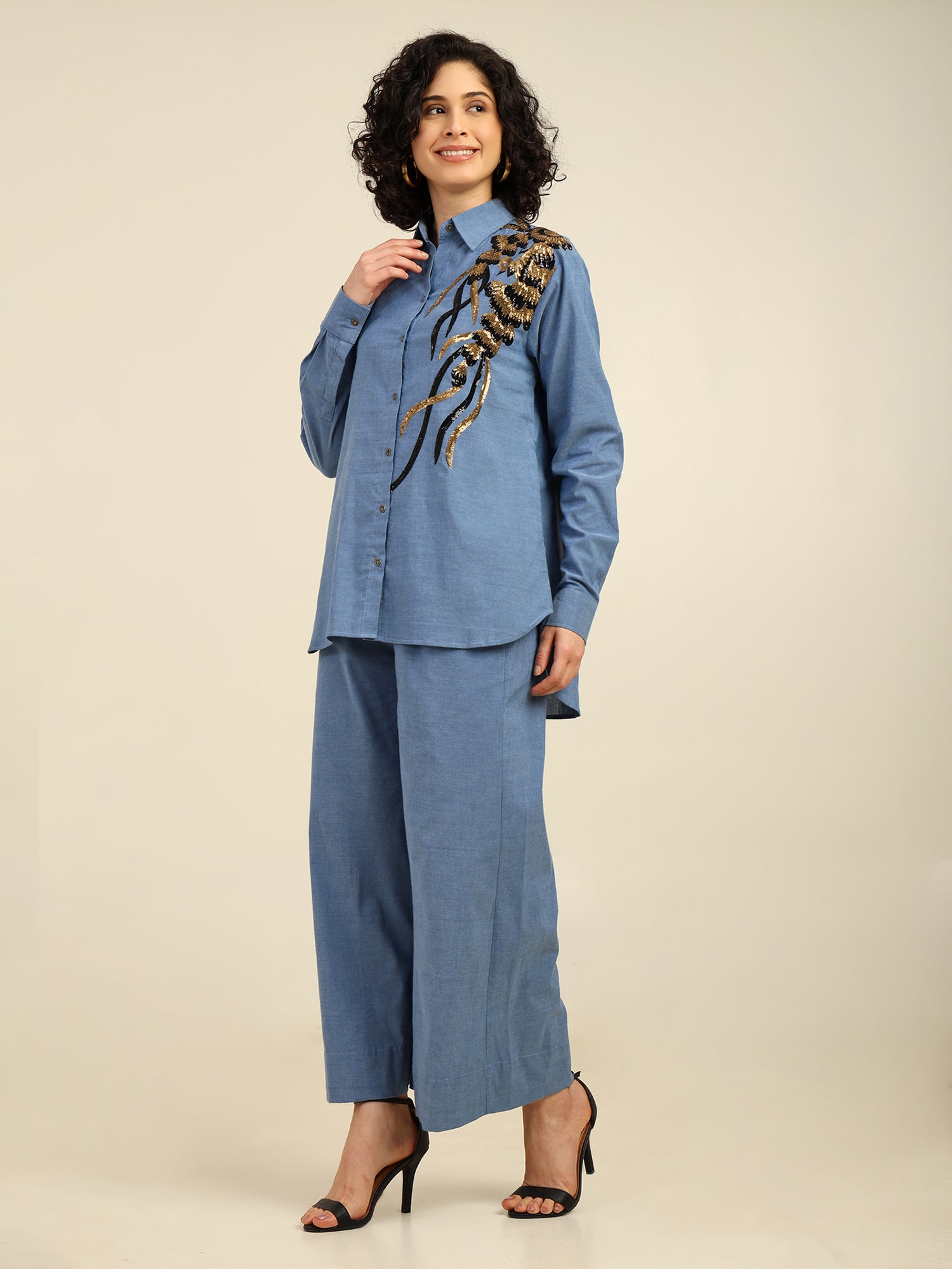 Sequnece Embroidered Chambray Cotton Coord Set With Wide Leg Pants