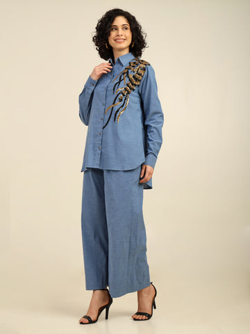 Sequnece Embroidered Chambray Cotton Coord Set With Wide Leg Pants