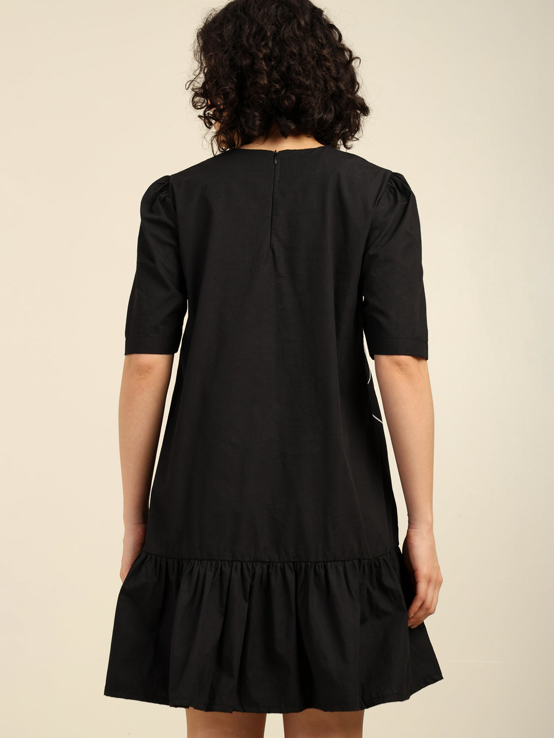 Floral Embroidered Short Ruffle Cotton Dress with puff Sleeves