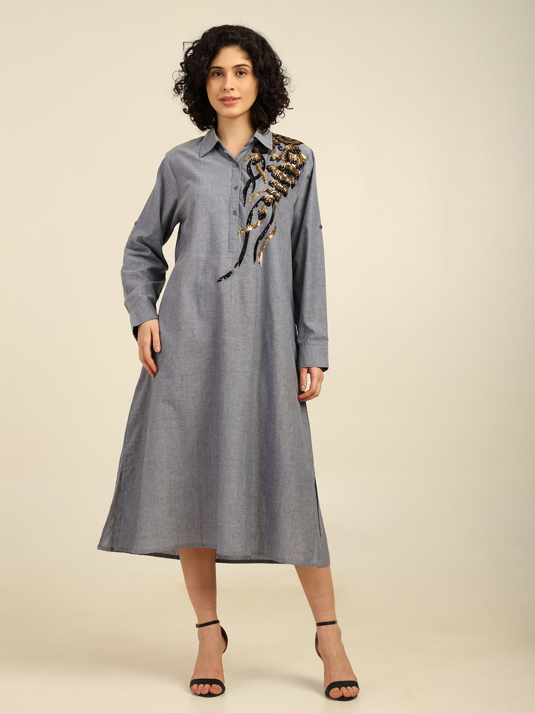 Sequnece Embroidered Chambray Cotton Long Shirt Dress with Side Slit