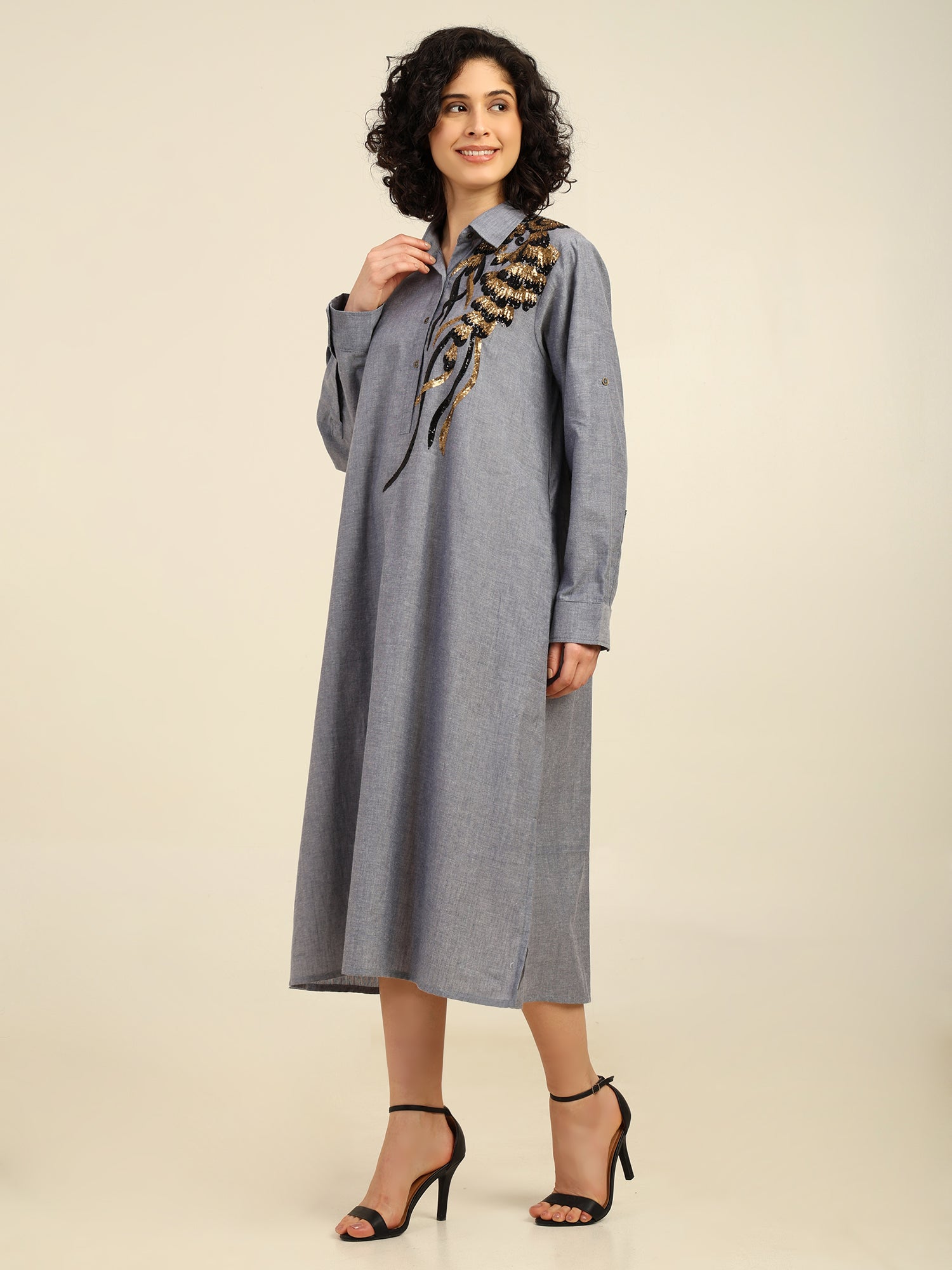 Sequnece Embroidered Chambray Cotton Long Shirt Dress with Side Slit