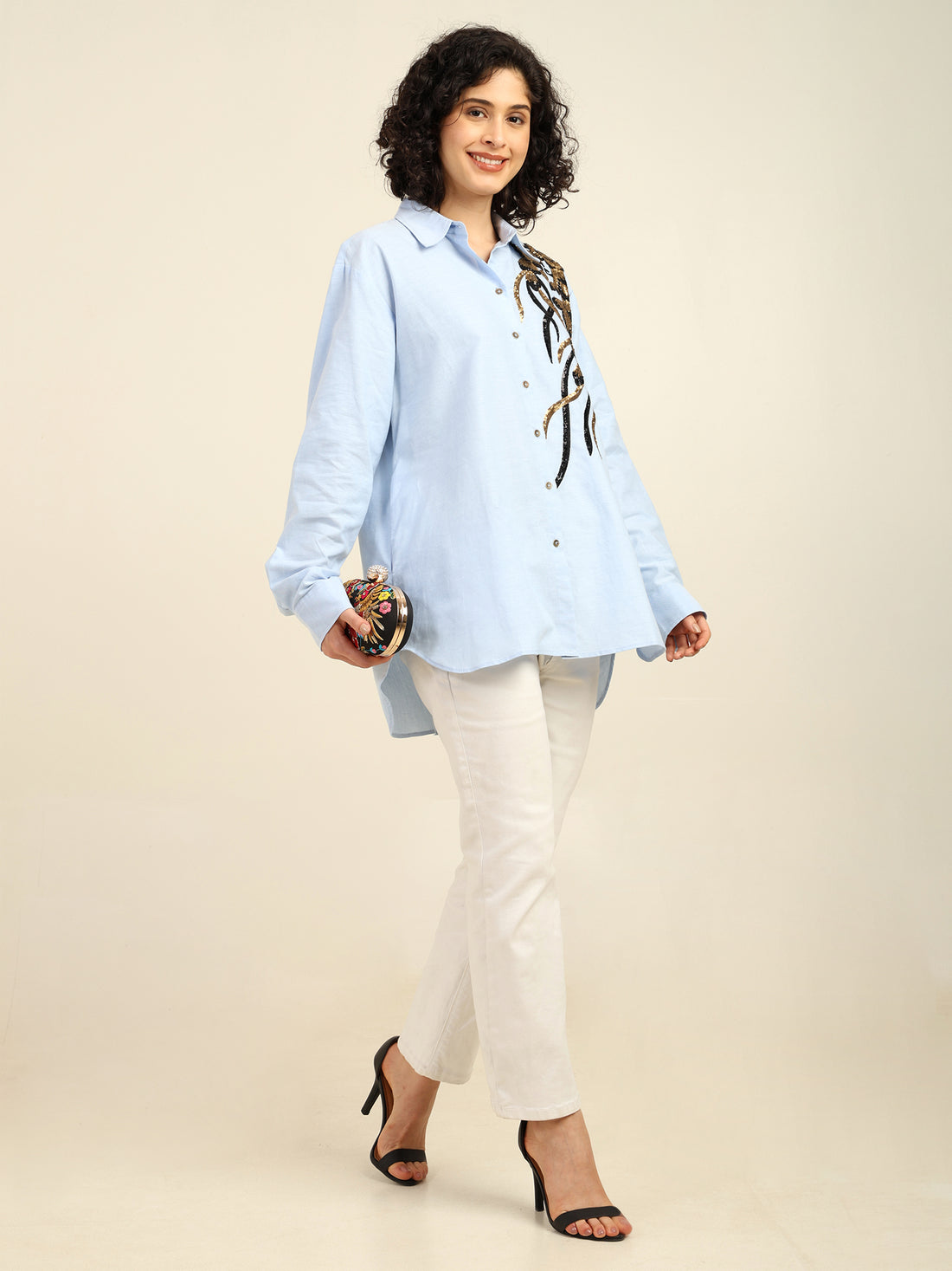 Sequnece Embroidered Chambray Cotton Shirt
