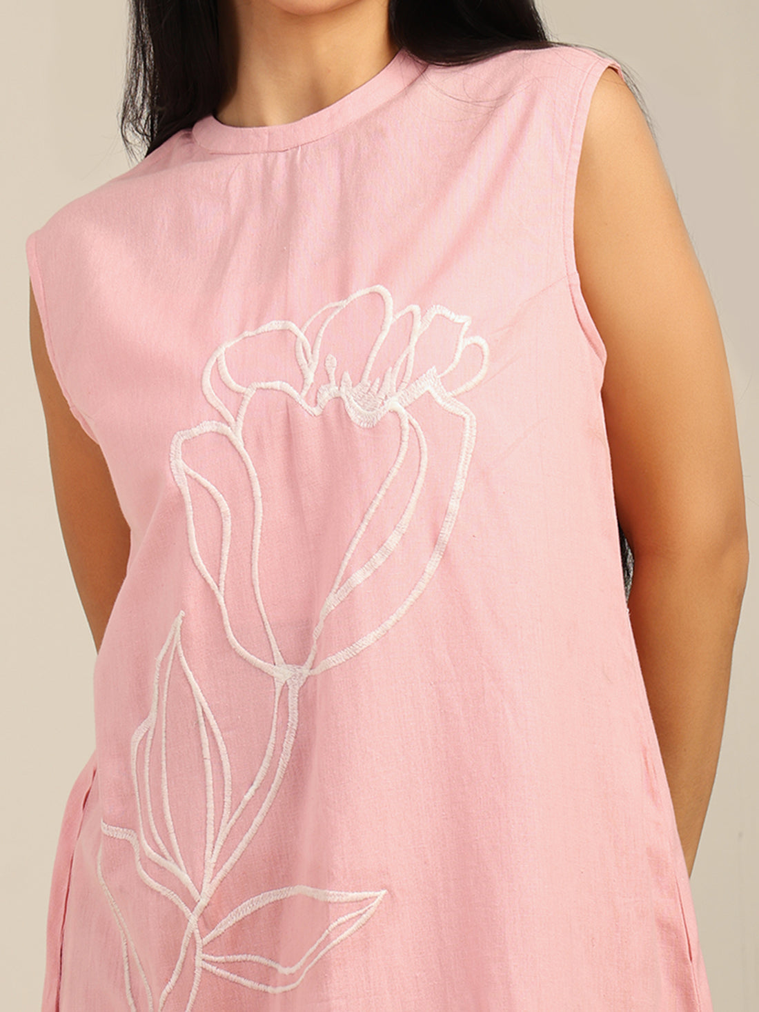 Rosy pink Contrast Floral Embroidered Cotton Dress