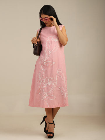 Rosy pink Contrast Floral Embroidered Cotton Dress